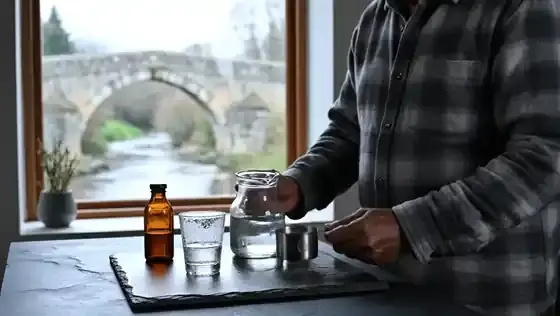 A man in his sixties at a slate kitchen counter pouring a quarter cup of water into a small glass beside an amber bottle, a stone bridge outside the window
