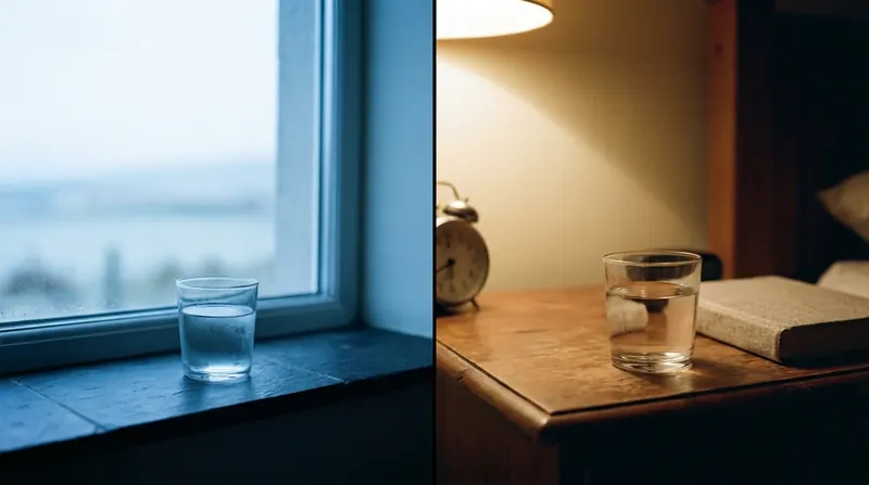 Split view of a small glass of water on a windowsill at dawn and on a lamp-lit nightstand at night