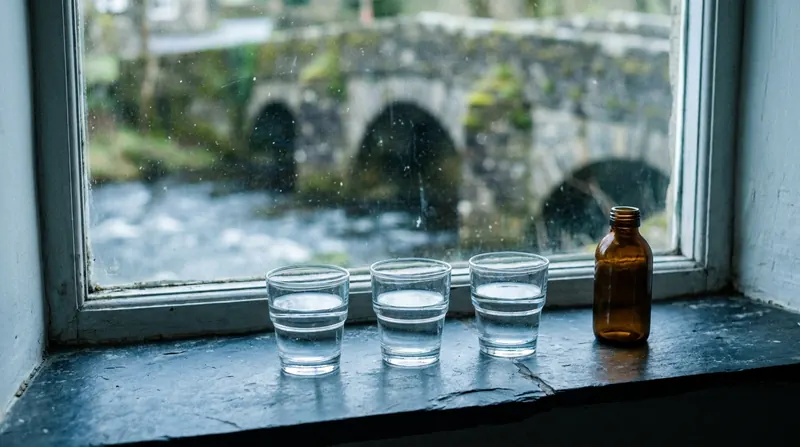 Three small glasses of water in a row on a slate windowsill beside an amber bottle, a stone bridge blurred outside