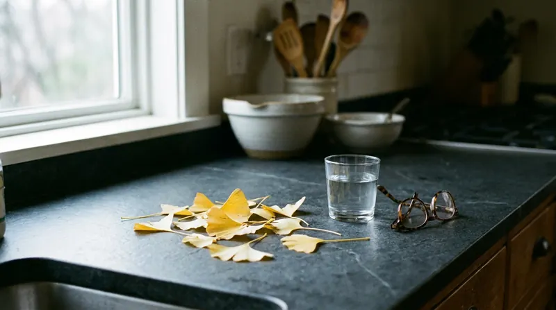 Golden fan-shaped ginkgo leaves on a slate counter beside a small glass of water and folded reading glasses