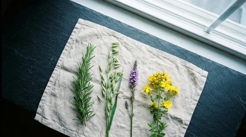 Rosemary, green oat stalks, violet vervain and yellow St. John's wort laid in a row on linen on a slate counter