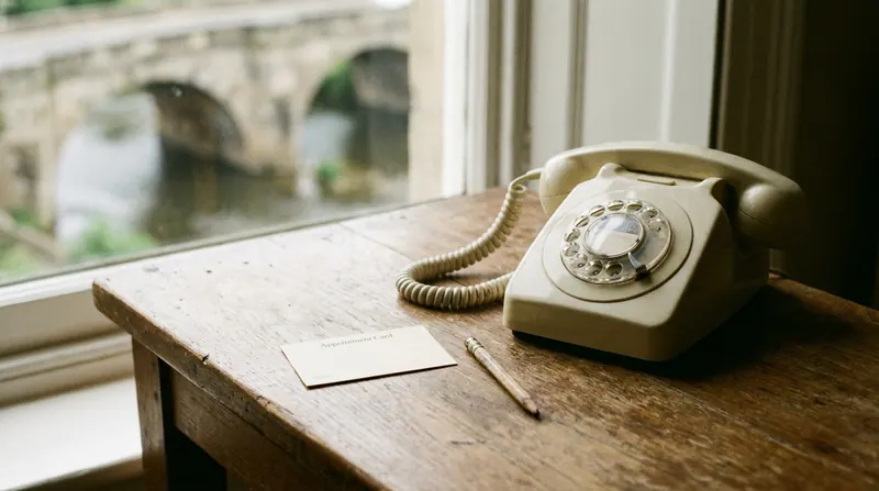 A blank appointment card and a pencil beside an old telephone on a hallway table in afternoon light