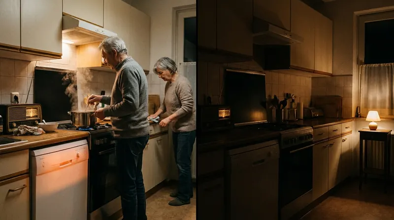 Split view of one kitchen busy in the evening and silent late at night