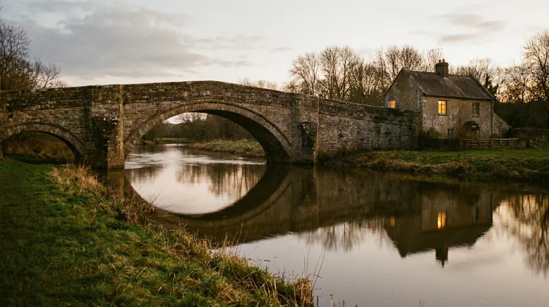 An old stone arch bridge over a slow river at dusk, a lit window in a stone house beyond