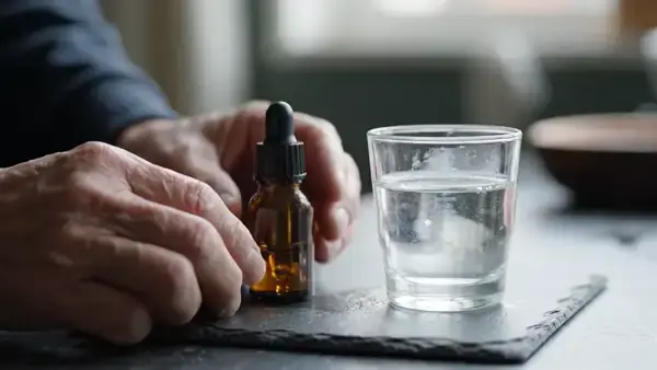 A man's hands drawing a measured amount from an amber bottle with the glass tube in its cap and squeezing it into a small glass of water