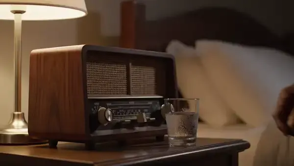 A man's hand turning on a small wooden radio at low volume on a lamp-lit nightstand beside a glass of water