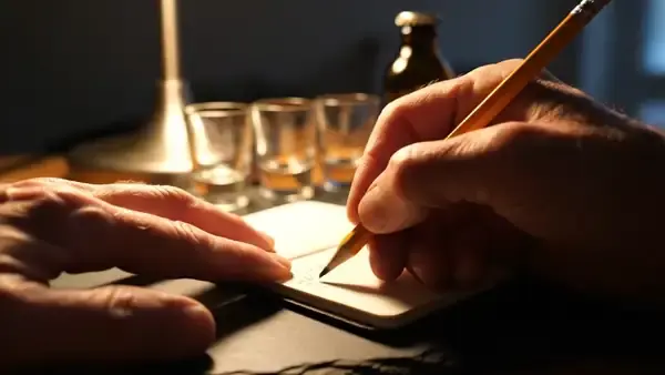 A man's hands writing a line in a small notebook beside three empty glasses and an amber bottle on a slate counter